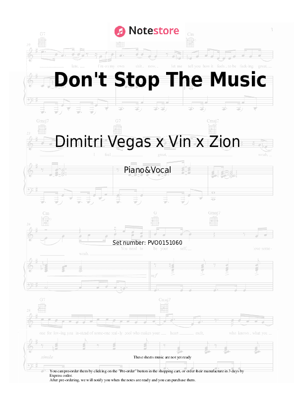 Don't Stop The Music - Dimitri Vegas x Vin x Zion Piano Sheet Music with the Voice part - Piano&Vocal