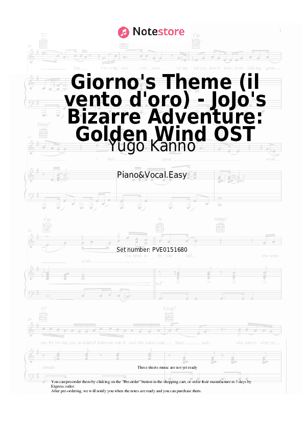 Giorno's Theme (il vento d'oro) - JoJo's Bizarre Adventure: Golden Wind OST - Yugo Kanno Piano Sheet Music Easy and Vocal - Piano&Vocal.Easy
