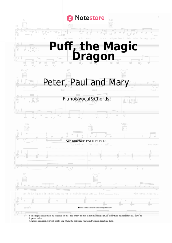 Puff, the Magic Dragon - Peter, Paul and Mary Piano Sheet Music with the Vocal and Chords - Piano&Vocal&Chords