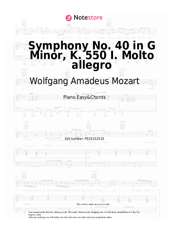 Symphony No. 40 in G Minor, K. 550 I. Molto allegro - Wolfgang Amadeus Mozart Sheet Music Easy and Chords - Piano.Easy&Chords