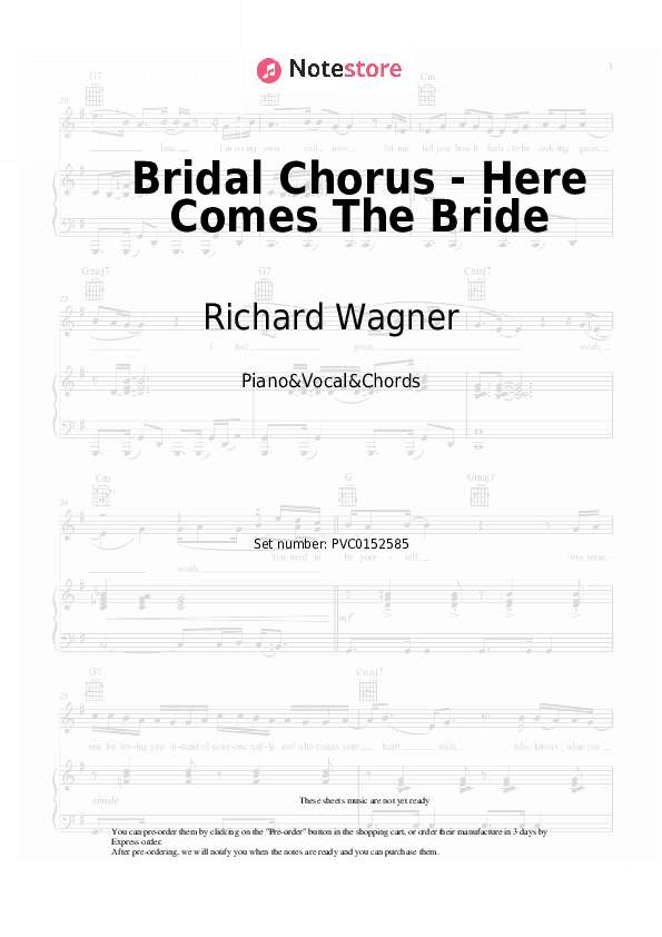 Bridal Chorus - Here Comes The Bride - Richard Wagner Piano Sheet Music with the Vocal and Chords - Piano&Vocal&Chords