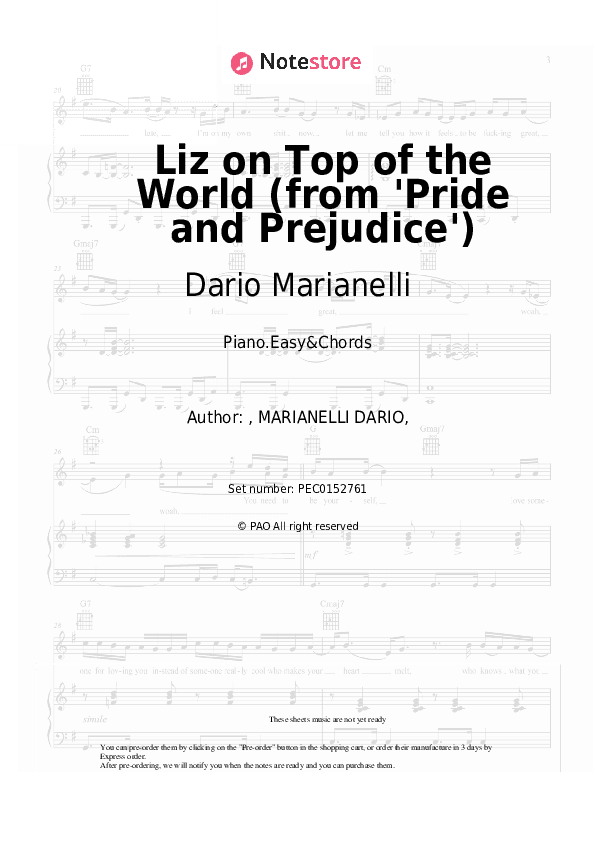 Liz on Top of the World (from 'Pride and Prejudice') - Dario Marianelli Sheet Music Easy and Chords - Piano.Easy&Chords