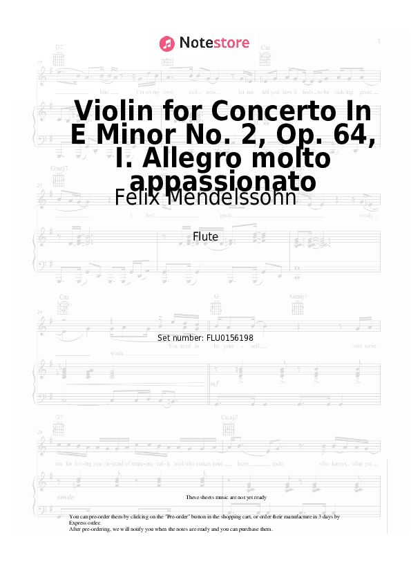 Violin for Concerto In E Minor No. 2, Op. 64, I. Allegro molto appassionato - Felix Mendelssohn Flute Sheet Music - Flute