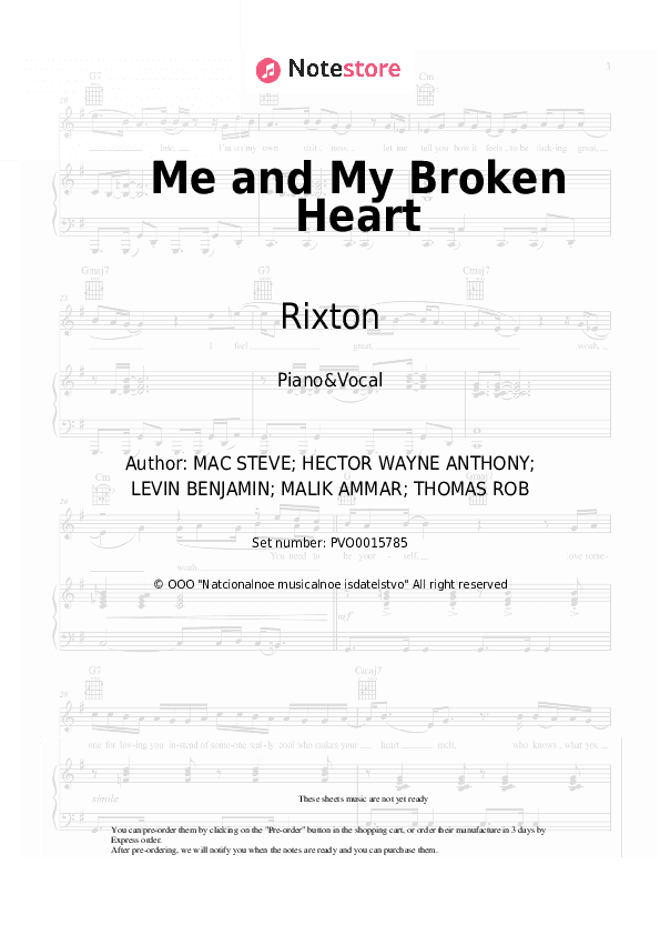 Me and My Broken Heart - Rixton Piano Sheet Music with the Voice part - Piano&Vocal