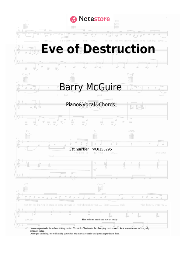 Eve of Destruction - Barry McGuire Piano Sheet Music with the Vocal and Chords - Piano&Vocal&Chords