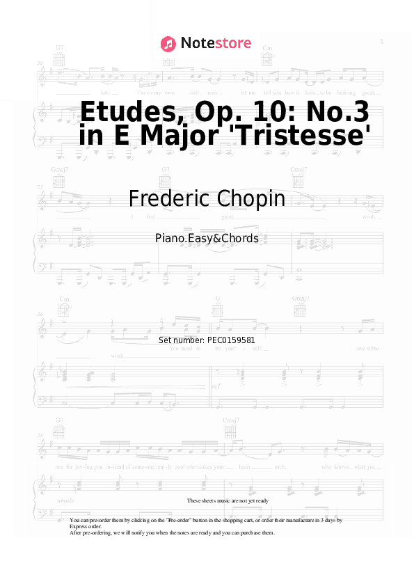Etudes, Op. 10: No.3 in E Major 'Tristesse' - Frederic Chopin Sheet Music Easy and Chords - Piano.Easy&Chords
