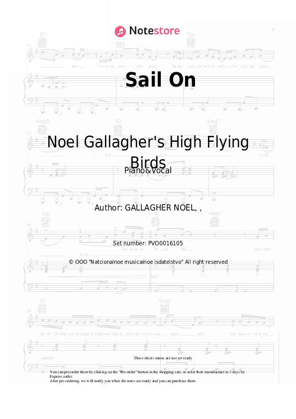 Sail On - Noel Gallagher's High Flying Birds Piano Sheet Music with the Voice part - Piano&Vocal