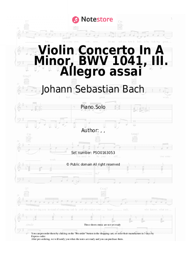 Violin Concerto In A Minor, BWV 1041, III. Allegro assai - Johann Sebastian Bach Piano Sheet Music - Piano.Solo