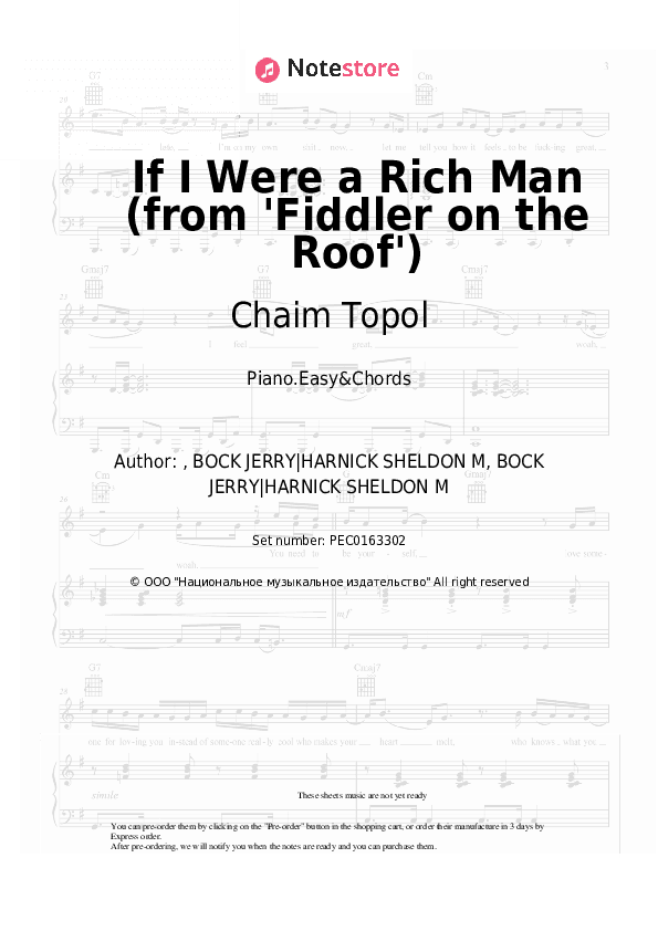 If I Were a Rich Man (from 'Fiddler on the Roof') - Chaim Topol, Jerry Bock, Sheldon Harnick Sheet Music Easy and Chords - Piano.Easy&Chords