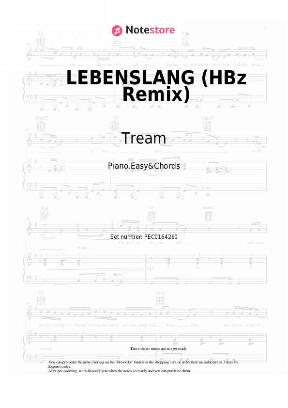 LEBENSLANG (HBz Remix) - Tream, HBz Sheet Music Easy and Chords - Piano.Easy&Chords