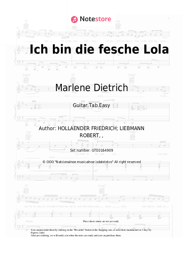 Ich bin die fesche Lola (from 'The Blue Angel') - Marlene Dietrich Tabs Easy - Guitar.Tab.Easy