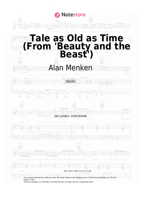Tale as Old as Time (From 'Beauty and the Beast') - Alan Menken, Angela Lansbury Violin Sheet Music - Violin