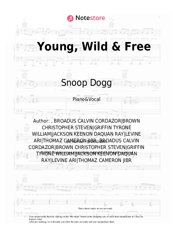 Young, Wild & Free - Snoop Dogg, Wiz Khalifa, Bruno Mars Piano Sheet Music with the Voice part - Piano&Vocal