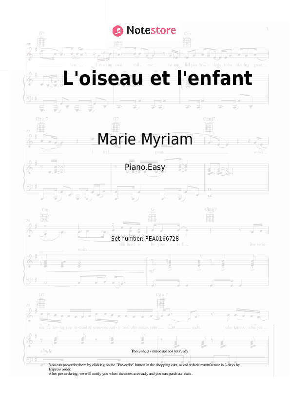 L'oiseau et l'enfant - Marie Myriam Piano Sheet Music Easy - Piano.Easy