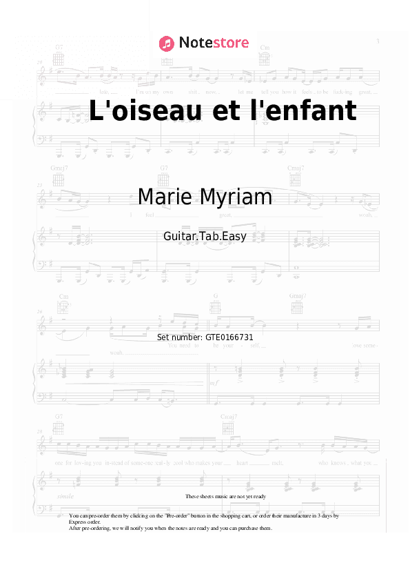 L'oiseau et l'enfant - Marie Myriam Tabs Easy - Guitar.Tab.Easy