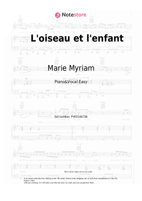 L'oiseau et l'enfant - Marie Myriam Piano Sheet Music Easy and Vocal - Piano&Vocal.Easy