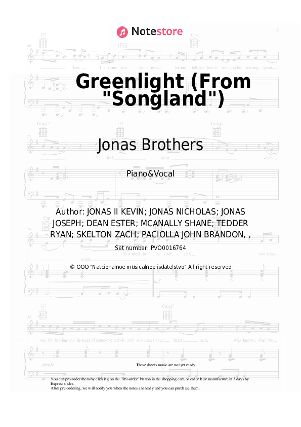 Greenlight (From Songland) - Jonas Brothers Piano Sheet Music with the Voice part - Piano&Vocal