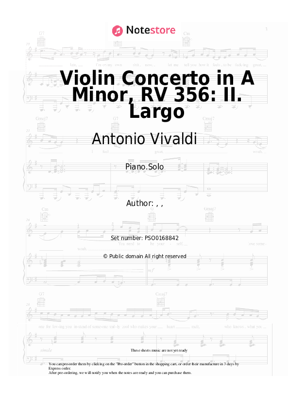 Violin Concerto in A Minor, RV 356: II. Largo - Antonio Vivaldi Piano Sheet Music - Piano.Solo