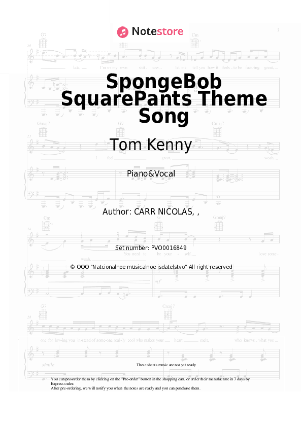 SpongeBob SquarePants Theme Song - Tom Kenny Piano Sheet Music with the Voice part - Piano&Vocal