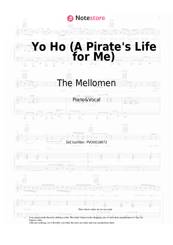 Yo Ho (A Pirate's Life for Me) - The Mellomen Piano Sheet Music with the Voice part - Piano&Vocal