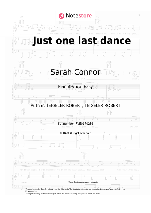 Just one last dance - Sarah Connor, Natural Piano Sheet Music Easy and Vocal - Piano&Vocal.Easy