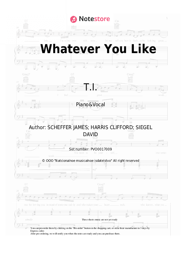 Whatever You Like - T.I. Piano Sheet Music with the Voice part - Piano&Vocal