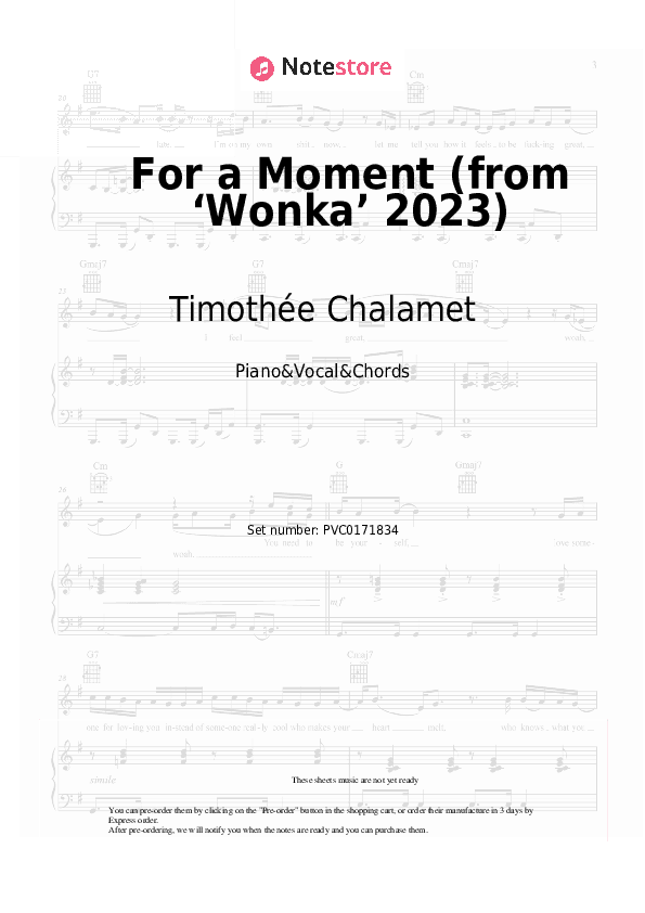 For a Moment (from ‘Wonka’ 2023) - Timothée Chalamet, Calah Lane Piano Sheet Music with the Vocal and Chords - Piano&Vocal&Chords