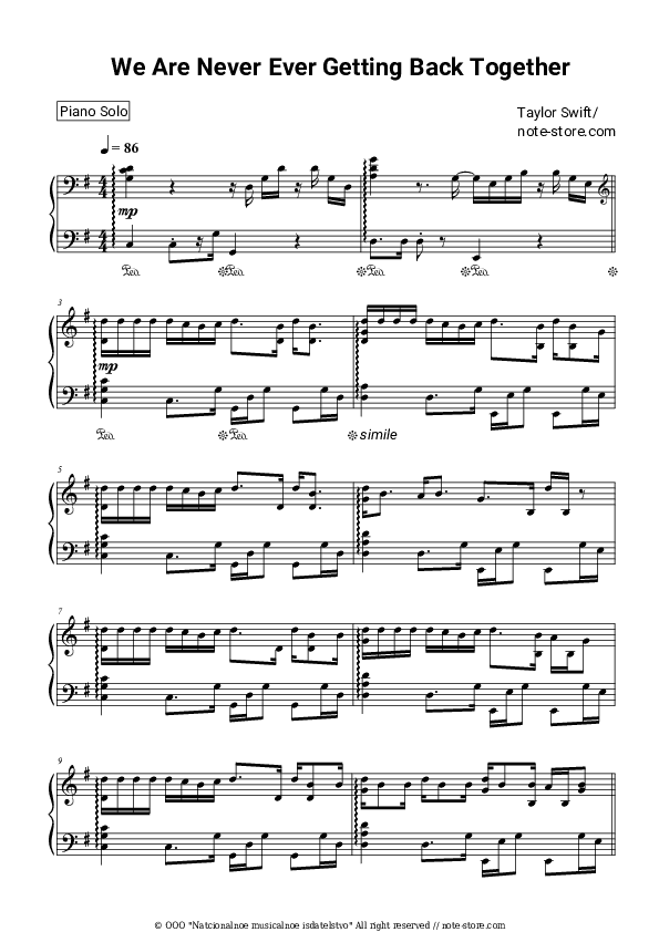 We Are Never Ever Getting Back Together - Taylor Swift Piano Sheet Music - Piano.Solo