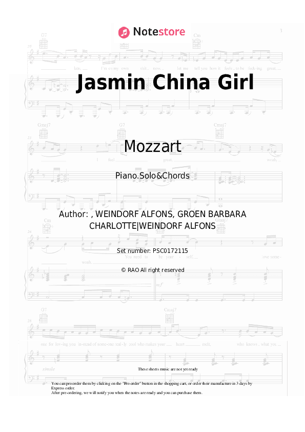 Jasmin China Girl - Mozzart Piano Sheet Music and Chords - Piano.Solo&Chords