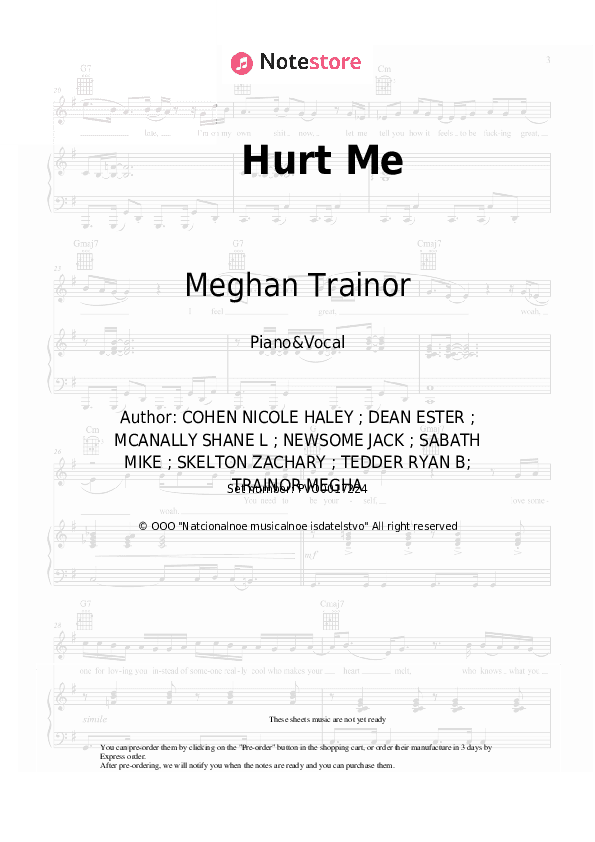 Hurt Me - Meghan Trainor Piano Sheet Music with the Voice part - Piano&Vocal