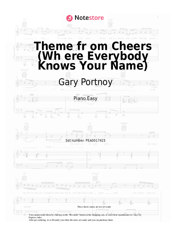 Theme from Cheers (Wh ere Everybody Knows Your Name) - Gary Portnoy Piano Sheet Music Easy - Piano.Easy