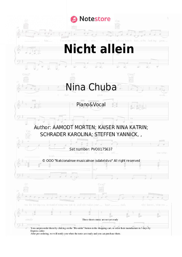 Nicht allein - Nina Chuba Piano Sheet Music with the Voice part - Piano&Vocal