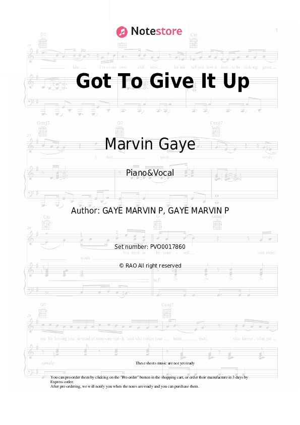 Got To Give It Up - Marvin Gaye Piano Sheet Music with the Voice part - Piano&Vocal