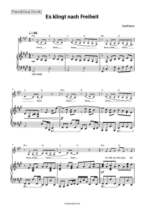Es klingt nach Freiheit - Santiano Piano Sheet Music with the Vocal and Chords - Piano&Vocal&Chords