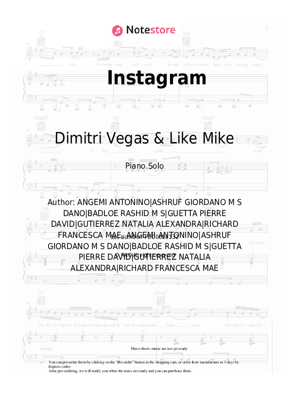 Instagram - Dimitri Vegas & Like Mike, David Guetta, Daddy Yankee, Afro Bros, Natti Natasha Piano Sheet Music - Piano.Solo