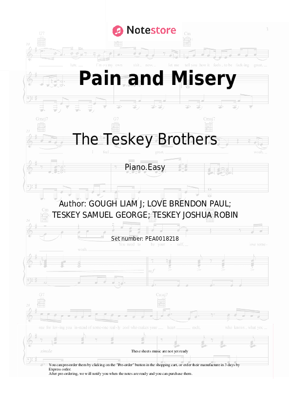 Pain and Misery - The Teskey Brothers Piano Sheet Music Easy - Piano.Easy