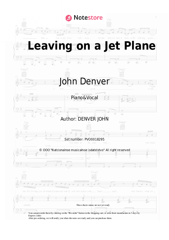 Leaving on a Jet Plane - John Denver Piano Sheet Music with the Voice part - Piano&Vocal