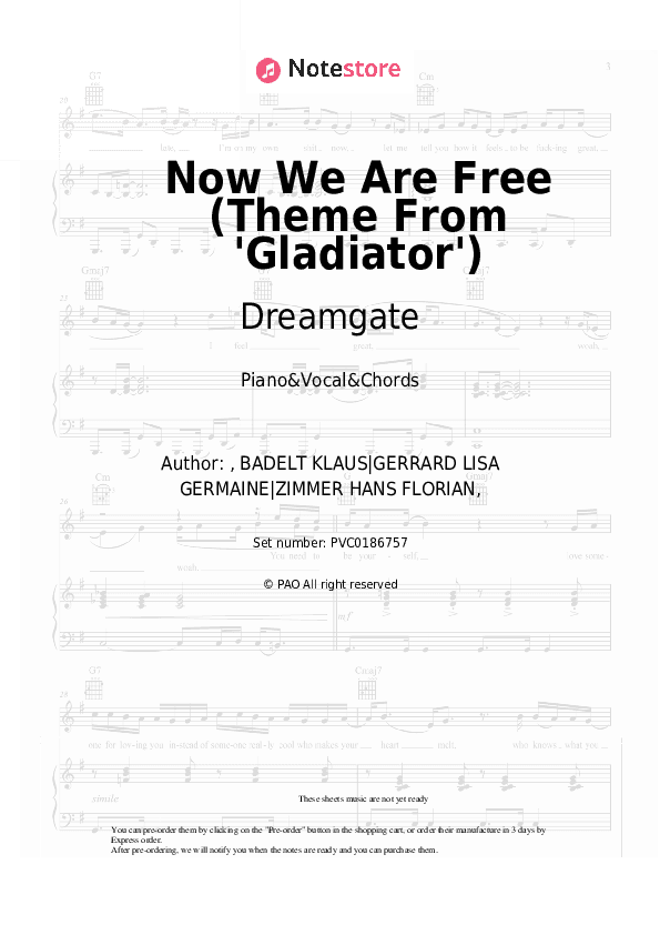 Now We Are Free (Theme From 'Gladiator') - Dreamgate Piano Sheet Music with the Vocal and Chords - Piano&Vocal&Chords