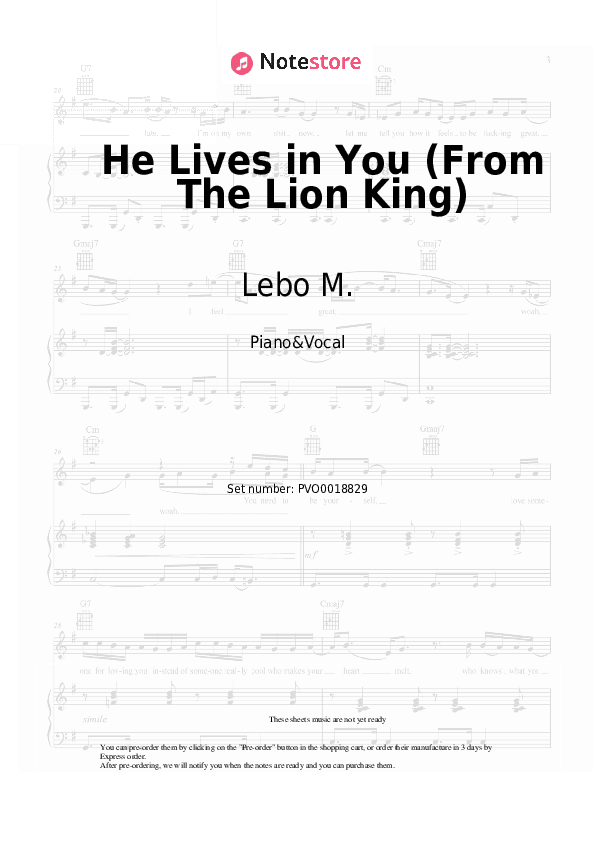 He Lives in You (From The Lion King) - Lebo M. Piano Sheet Music with the Voice part - Piano&Vocal