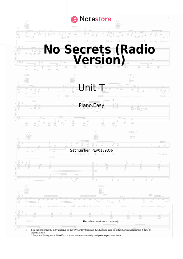 No Secrets (Radio Version) - Unit T Piano Sheet Music Easy - Piano.Easy