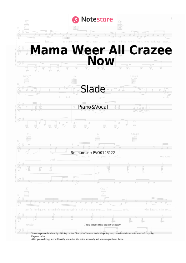 Mama Weer All Crazee Now - Slade Piano Sheet Music with the Voice part - Piano&Vocal