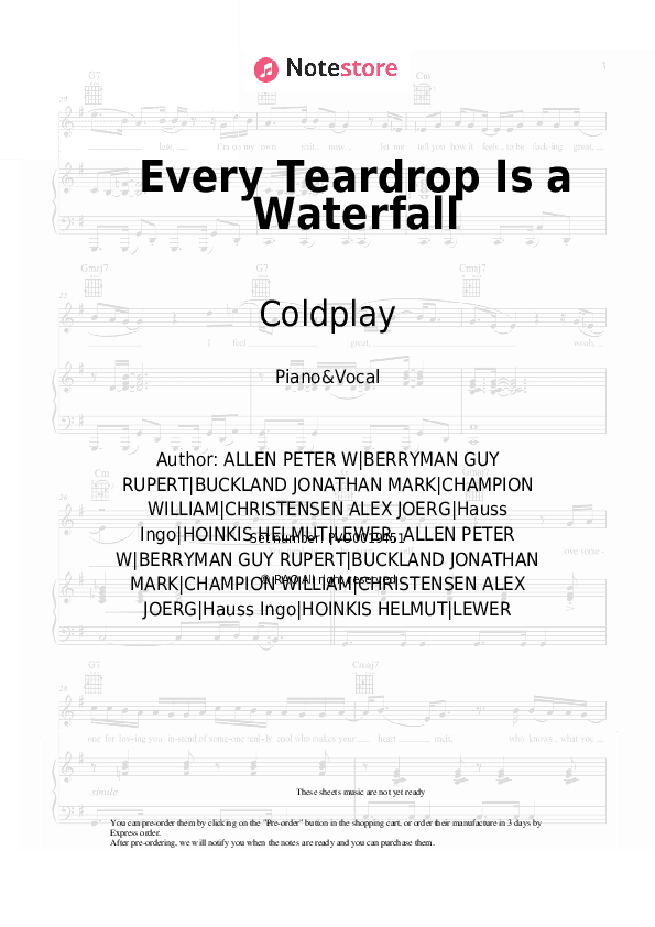 Every Teardrop Is a Waterfall - Coldplay Piano Sheet Music with the Voice part - Piano&Vocal