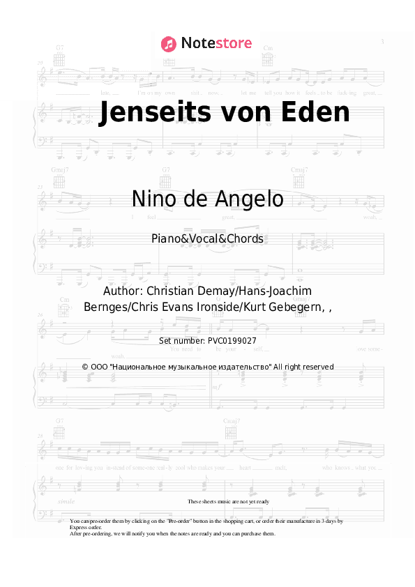 Jenseits von Eden - Nino de Angelo Piano Sheet Music with the Vocal and Chords - Piano&Vocal&Chords