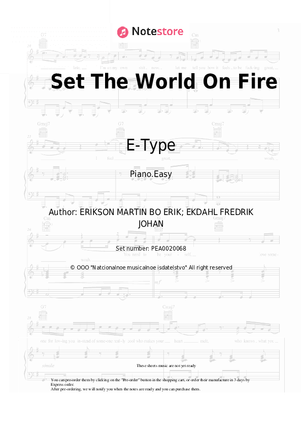 Set The World On Fire - E-Type Piano Sheet Music Easy - Piano.Easy
