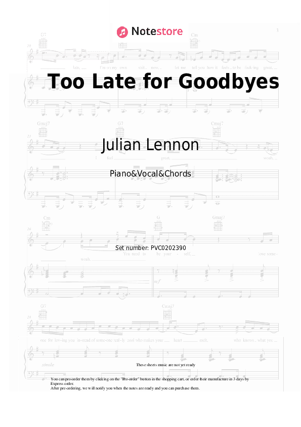 Too Late for Goodbyes - Julian Lennon Piano Sheet Music with the Vocal and Chords - Piano&Vocal&Chords