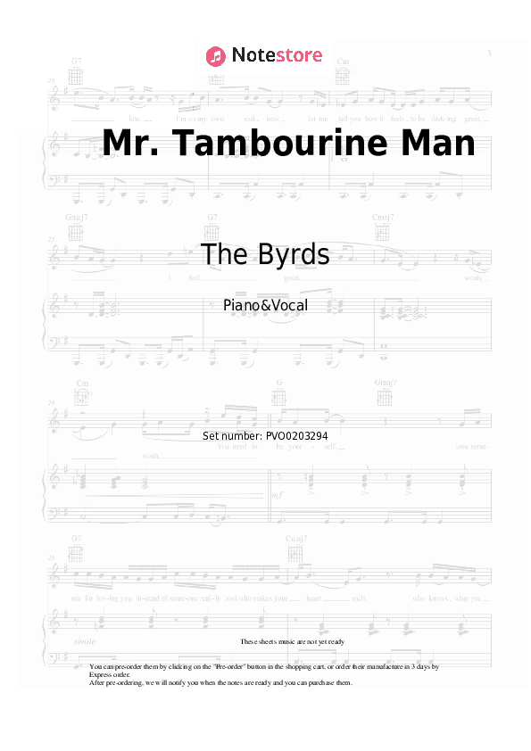 Mr. Tambourine Man	 - The Byrds Piano Sheet Music with the Voice part - Piano&Vocal