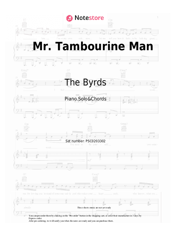 Mr. Tambourine Man	 - The Byrds Piano Sheet Music and Chords - Piano.Solo&Chords