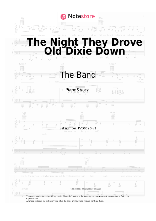 The Night They Drove Old Dixie Down - The Band Piano Sheet Music with the Voice part - Piano&Vocal