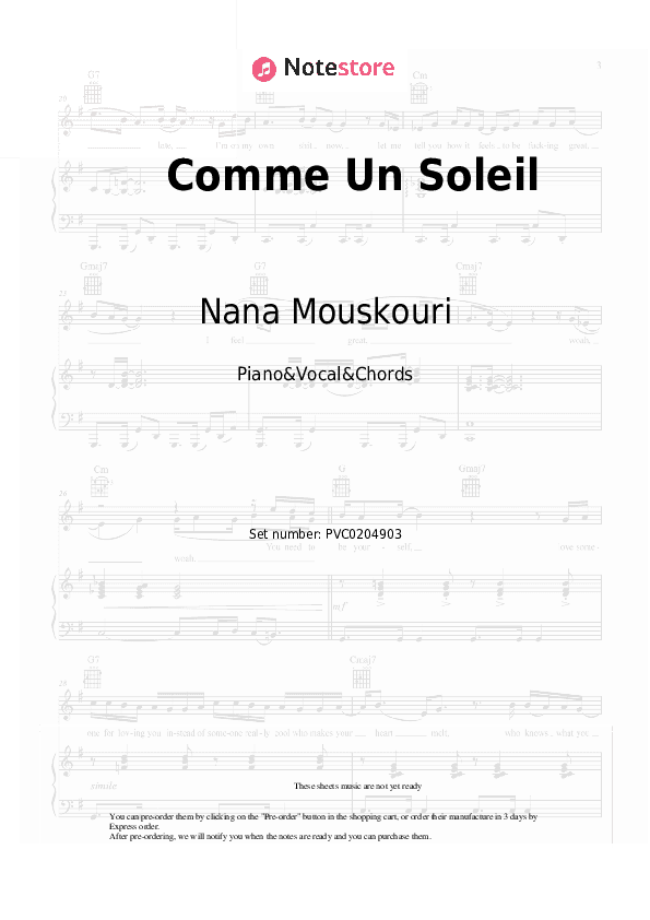 Comme Un Soleil - Nana Mouskouri Piano Sheet Music with the Vocal and Chords - Piano&Vocal&Chords