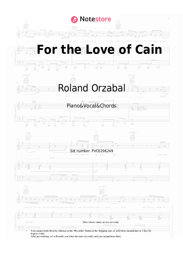 For the Love of Cain - Roland Orzabal Piano Sheet Music with the Vocal and Chords - Piano&Vocal&Chords